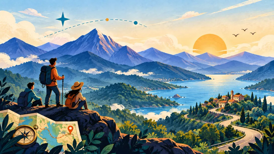 Official app artwork of a mountain escape at golden hour
